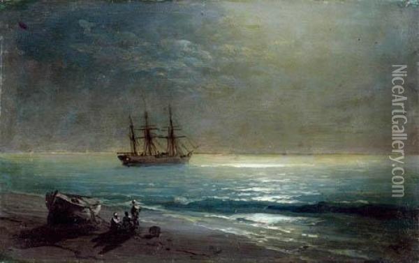 Sailing Ships On The Coast In The Moonlight. Oil Painting - Ivan Konstantinovich Aivazovsky