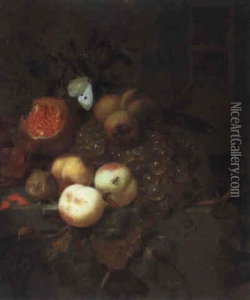 Stilleben Mit Einem Granatapfel, Pfirsichen, Weintrauben Undmohn Oil Painting - Jan Mortel