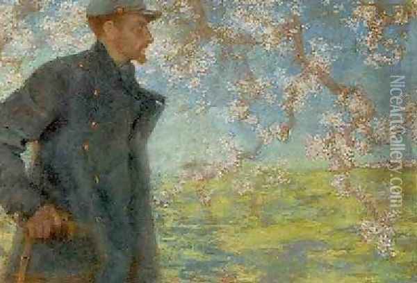 A French Soldier Under A Blossom Tree Oil Painting - Lucien Levy-Dhurmer
