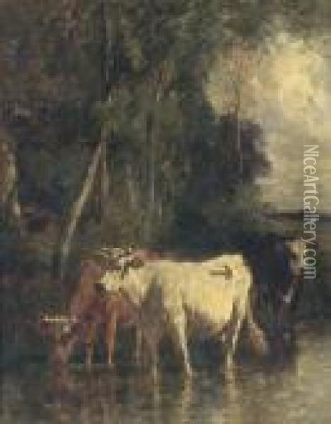 Cattle At The River Oil Painting - Emile van Marcke de Lummen