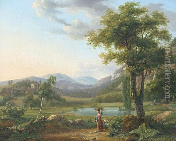 Woman And Child Carrying Firewood In A Romantic Landscape Oil Painting - Alexander Nasmyth