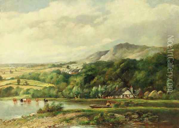 Landscape with a boatman and cattle watering Oil Painting - English School