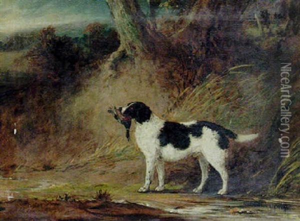 A Spaniel With A Duck In A Landscape Oil Painting - John Ferneley Jr.
