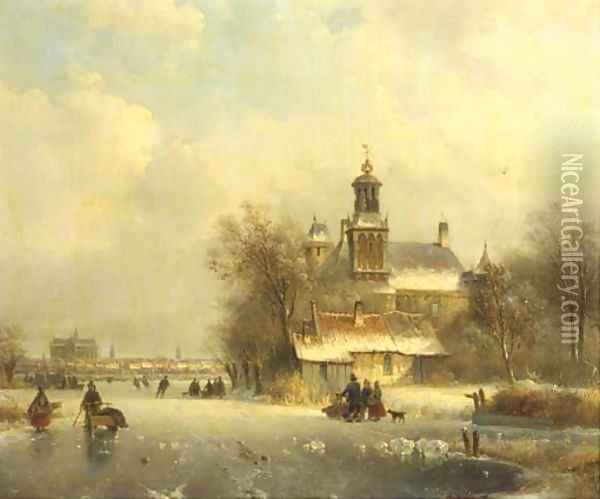 Numerous skaters on the ice by a church, a koek and zopie and a sunlit town in the distance Oil Painting - Lodewijk Johannes Kleijn