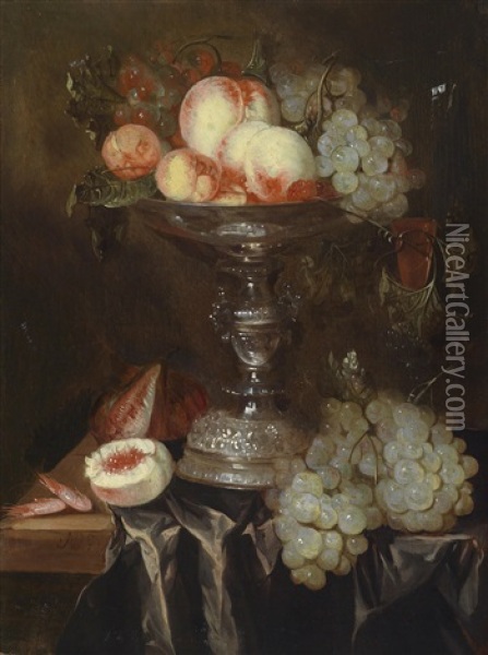 Ein Stillleben Mit Fruchten In Einer Silbernen Tazza Auf Einer Stoffbedeckten Tischkante Oil Painting - Abraham van Beyeren
