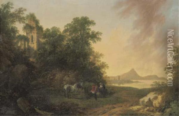 A Wooded Coastal Landscape With Figures And A Pony Resting Beside A Path And A Ruined Tower Oil Painting - James B. Coy