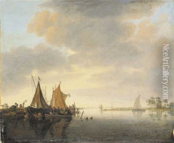 An Estuary Landscape With Sailing Vessels Moored At A Jetty In A Calm Oil Painting - Salomon van Ruysdael