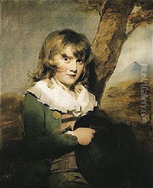 Portrait Of Master Loch Seated By A Tree, Wearing A Green Coat And Pink Striped Waistcoat, His Hat In His Right Hand Oil Painting - Sir Henry Raeburn