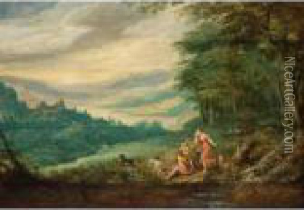 Venus Mourning Adonis In A Panoramic Wooded Landscape Oil Painting - Joos De Momper