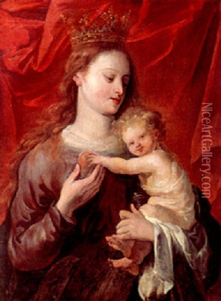 Madonna And Child Before A Red Curtain Oil Painting - Jan Cossiers