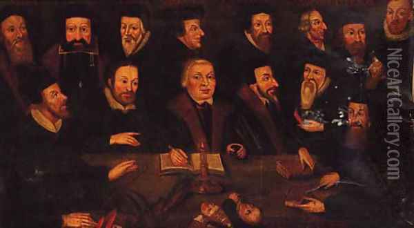 Martin Luther surrounded by Calvin, Wycliffe, Cranmer, Ridley, and other Protestant leaders, gathered round a table Oil Painting - English School