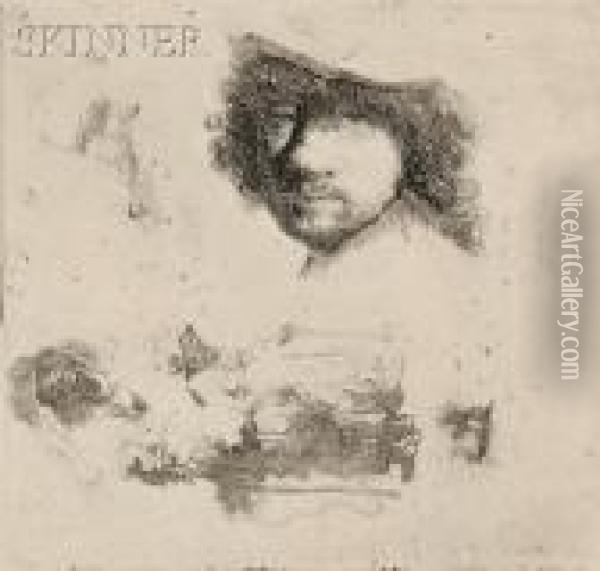 Sheet Of Studies: Head Of The Artist, A Beggar Couple,heads Of An Old Man Oil Painting - Rembrandt Van Rijn