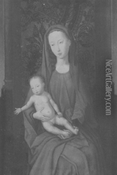 Thronende Madonna Mit Christuskind Vor Einer Mit Stoff Bezogenen Balustrade Oil Painting - Hans Memling
