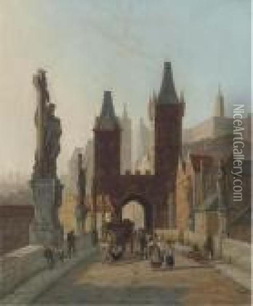 Traders On The Charles Bridge, Prague Oil Painting - William Raymond Dommersen