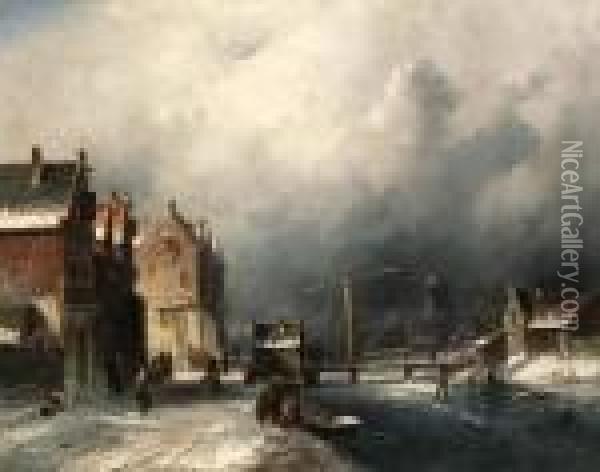 Figures In A Dutch Town By A Frozen Canal Oil Painting - Charles Henri Leickert