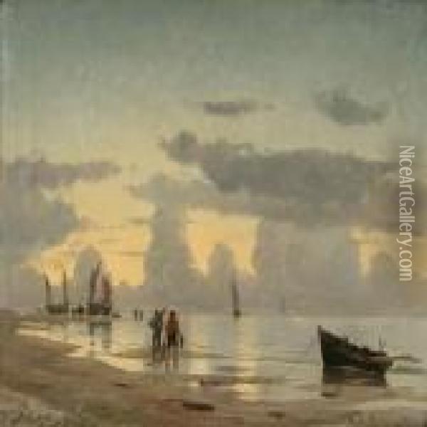 Early Morning On A Beach With Fishermen On Their Way To The Sea Oil Painting - Carl Locher