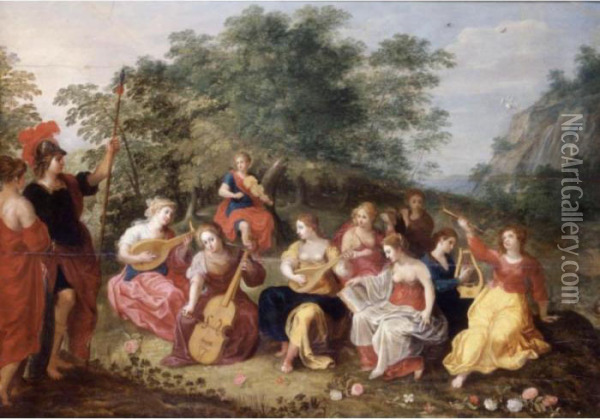 Apollo And The Nine Muses With Mount Helicon In The Distance Oil Painting - Hendrik van Balen