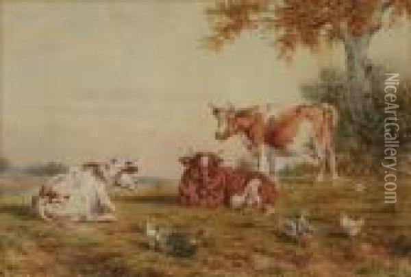 Clark, Senior Cattleresting In A Landscape With Hens Oil Painting - Joseph Dixon Clark