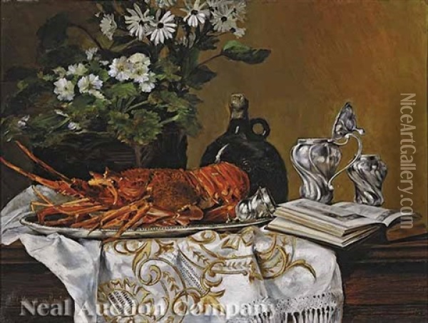 Still Life With Lobster Oil Painting - Marie Jaqueline Francoise van Marcke