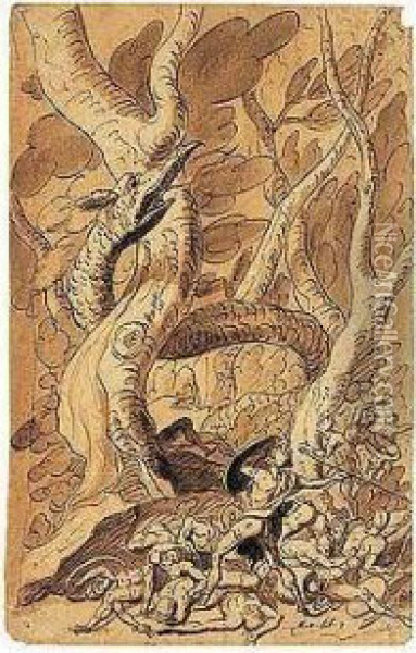A Warrior Attacking A Dragon Oil Painting - Sir James Thornhill