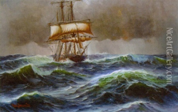 Marine Med Sejlskib Oil Painting - Alfred Serenius Jensen