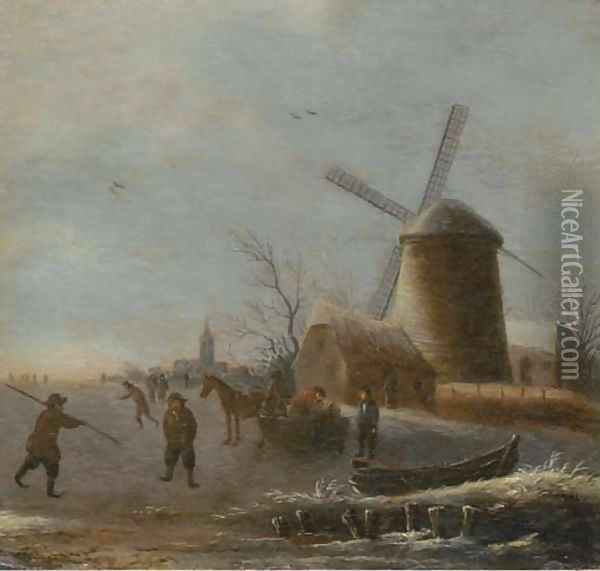 A winter river landscape with skaters on the ice by a windmill Oil Painting - Thomas Heeremans
