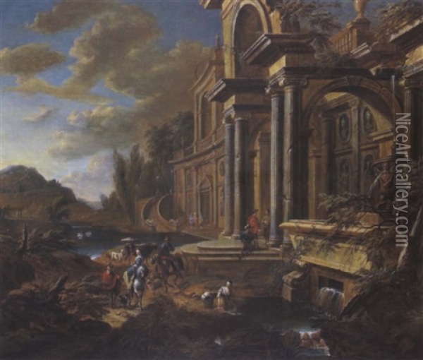 Renaissancepalast An Einem Fluss Mit Eleganten Figuren, Reitern Und Einem Hirten Mit Herde Oil Painting - Jan Baptist Van Der Straeten