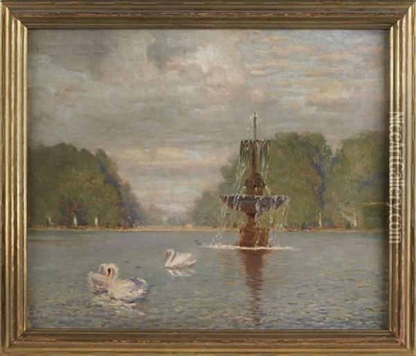 Landscape With Swans And A Fountain Oil Painting - Ernest Clifford Peixotto