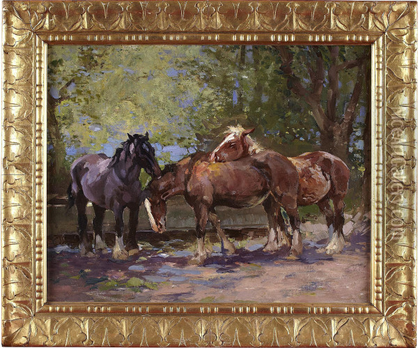 Horses By A Water Trough Oil Painting - William Bradley Lamond