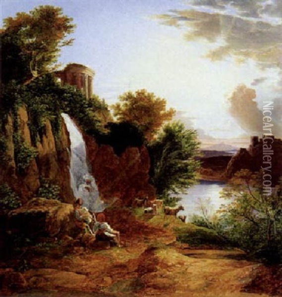 Landschaft Mit Einem Tempel Der Sibylle In Tivoli Mit Zwei Hirten Oil Painting - Karoly Marko the Elder