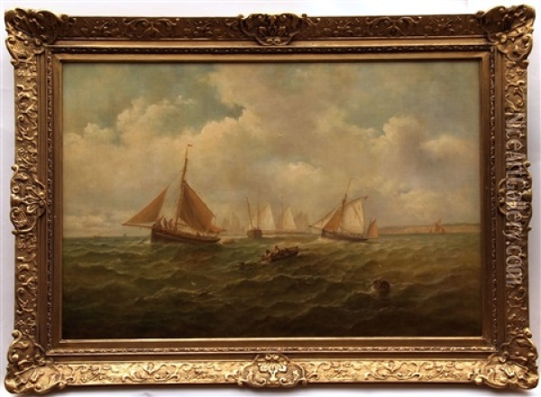 Shipping Off A Coast, Possibly Felixstowe Oil Painting - John Moore Of Ipswich