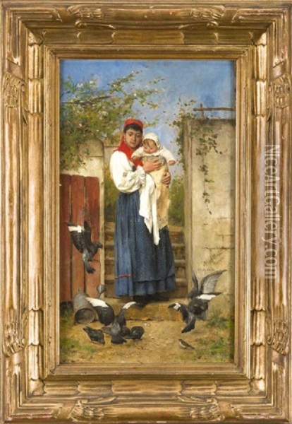 Bretonische Mutter Mit Ihrem Kind Am Gartentor, Einen Schwarm Tauben Beobachtend Oil Painting - Adolf Echtler
