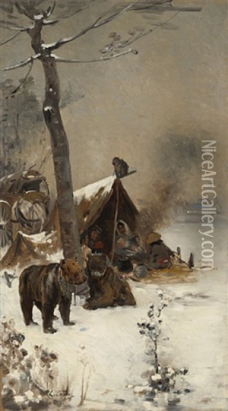 A Circus Family Camping In The Snow Oil Painting - Edouard Castres