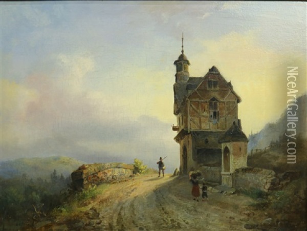 Figuren Op Dorpsweg In Een Berglandschap Oil Painting - Wilhelm Georg Wagner
