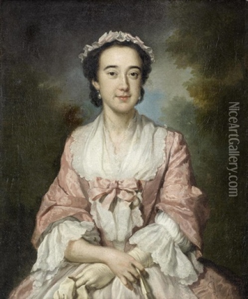 Portrait Of A Lady, Half-length, In A White Dress And Pink Shawl Oil Painting - Joseph Highmore