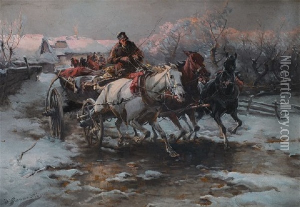 Trojka Na Sniegu Oil Painting - Jan Konarski
