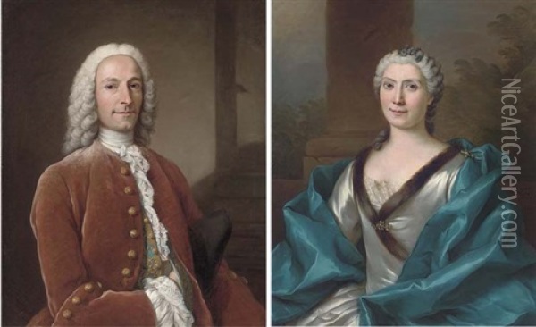 Portrait Of A Gentleman In A Red Velvet Coat And Embroidered Waistcoat (+ Portrait Of A Lady In A Mink Trimmed White Silk Dress And Blue Silk Mantle, 1747; Pair) Oil Painting - Donat Nonotte