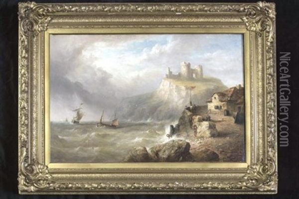 Coastal Scene With Castle Ruins, Slipway And Figures In The Foreground, Oil Painting - Henry King Taylor