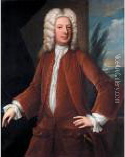 Portrait Of Richard Marriott Of 
Alscot Park, Gloucestershire (d.1744), Three-quarter Length Standing, 
Wearing A Brown Coat, A Sword At His Side Oil Painting - Johannes or Jan Verelst