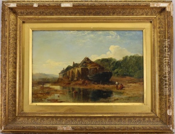 Figures Near The Coast During Low Tide Oil Painting - William Williams