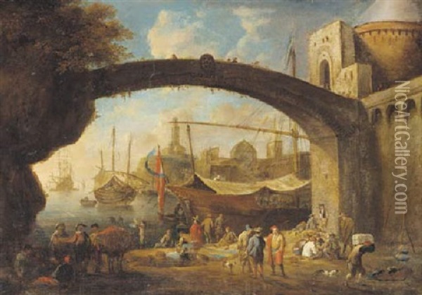 A Mediterranean Harbour With Traders Under A Bridge Oil Painting - Antoon Goubau