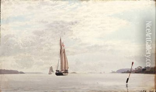 Seascape With Sailing Ships In A Fiord Oil Painting - Carl (Jens Erik C.) Rasmussen