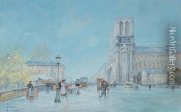 Marche Aux Fleurs Devant Notre-dame De Paris Oil Painting - Eugene Galien-Laloue