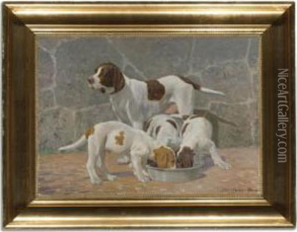 A Pointer With Her Puppies Oil Painting - Heinrich Hansen