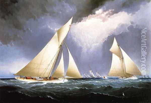 Mayflower Leading Puritan, America's Cup Trial Race, 1886 Oil Painting - James E. Buttersworth