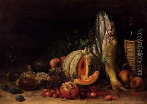 Natura Morta Con Frutta E Pesci Oil Painting - Ignazio Manzoni