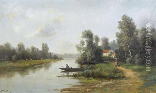 Flussuferpartie Mit Figurenstaffage. Oil Painting - Adolphe Leleux