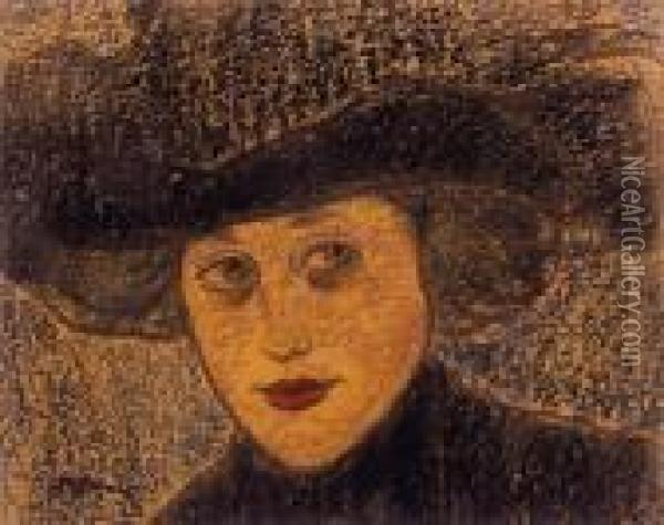 Woman In Black Hat, About 1910 Oil Painting - Jozsef Rippl-Ronai