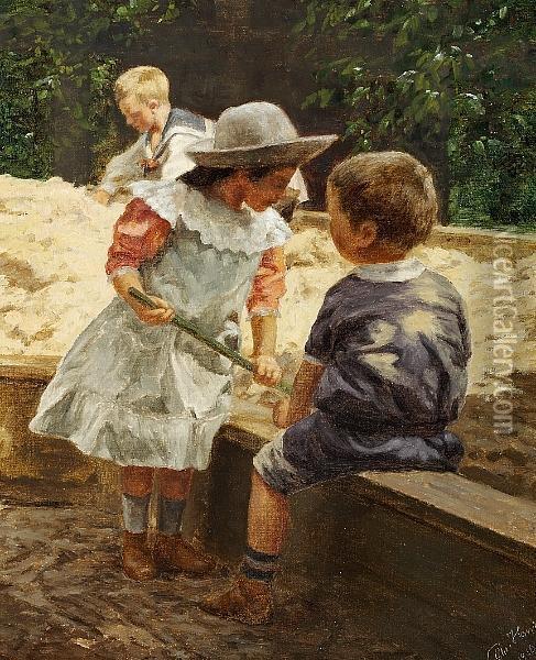 Three Children Playing In A Sandpit Oil Painting - Niels Christian Hansen