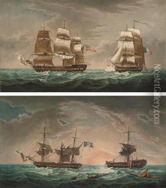 The Capture Of The East Indiaman 
Warren Hastings
 By Thefrench Frigate 
Piemontaise Oil Painting - Thomas Whitcombe